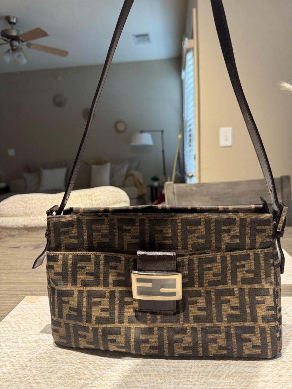 Fendi Monogram Canvas Shoulder Bag in Brown and Dark Brown